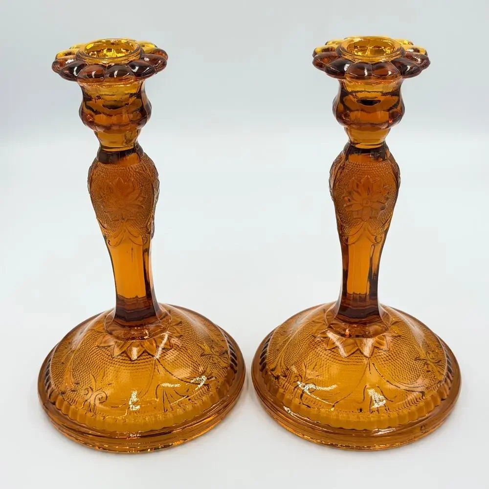 Brockway Indiana Glass Large Tiara Amber Sandwich Candlesticks 9